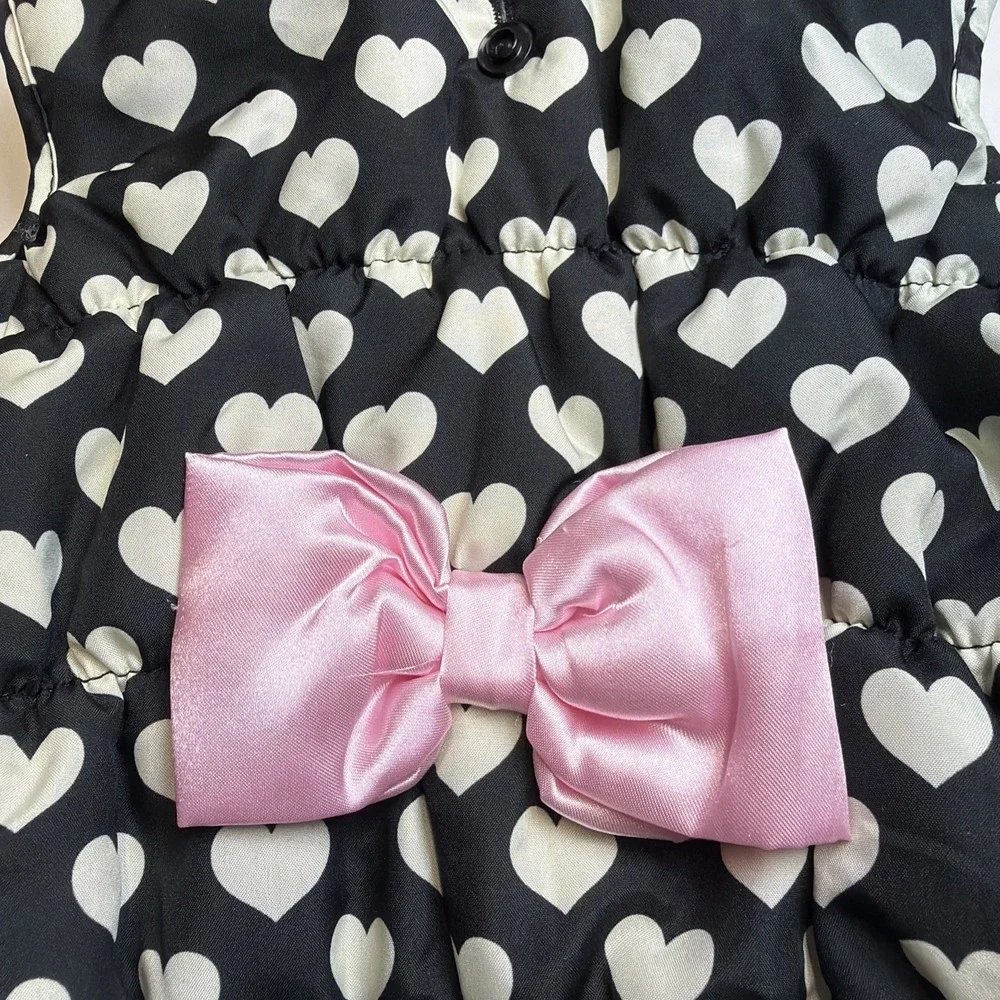 Dog Puffer Hoodie Jacket Winter Coat Outdoor Black White Hearts Pink Trim Bow Sm